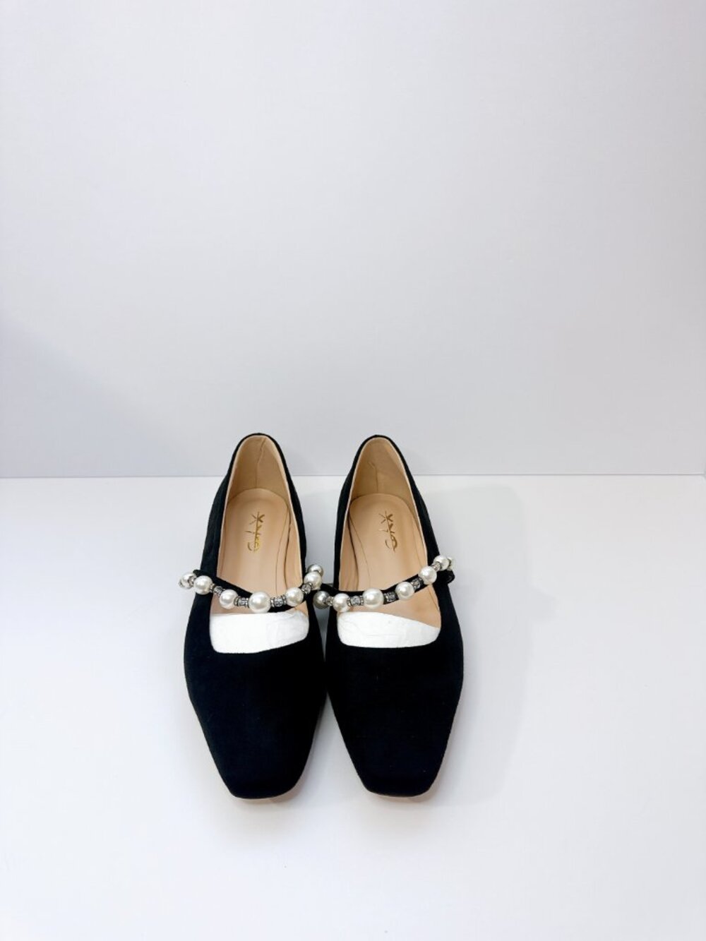 Size 9 Women’s Black Suede Flats with Pearl Strap Square Toe Mary Jane XYD